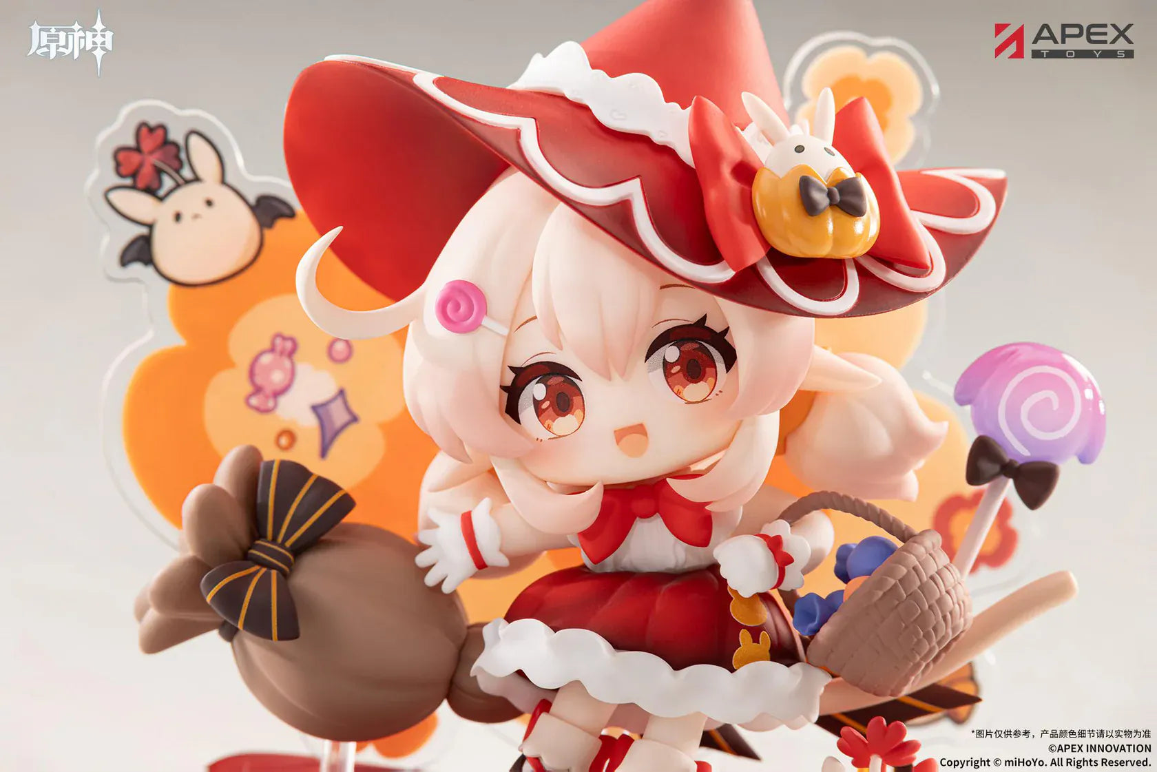 Genshin Impact You Ye Qi Xiang Series Chibi Chara Klee Figure in red witch outfit with broom, candy details, and themed display base