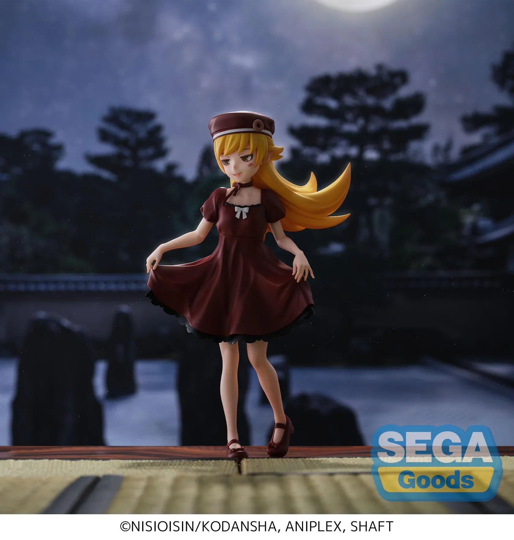 Monogatari High Premium Figure Shinobu Oshino Figure wearing a burgundy dress and hat with golden hair
