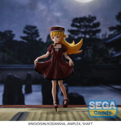 Monogatari High Premium Figure Shinobu Oshino Figure wearing a burgundy dress and hat with golden hair