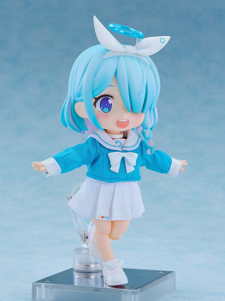 Blue Archive Nendoroid Doll Arona with blue hair, a white bow and halo, wearing a blue-and-white fabric school uniform.