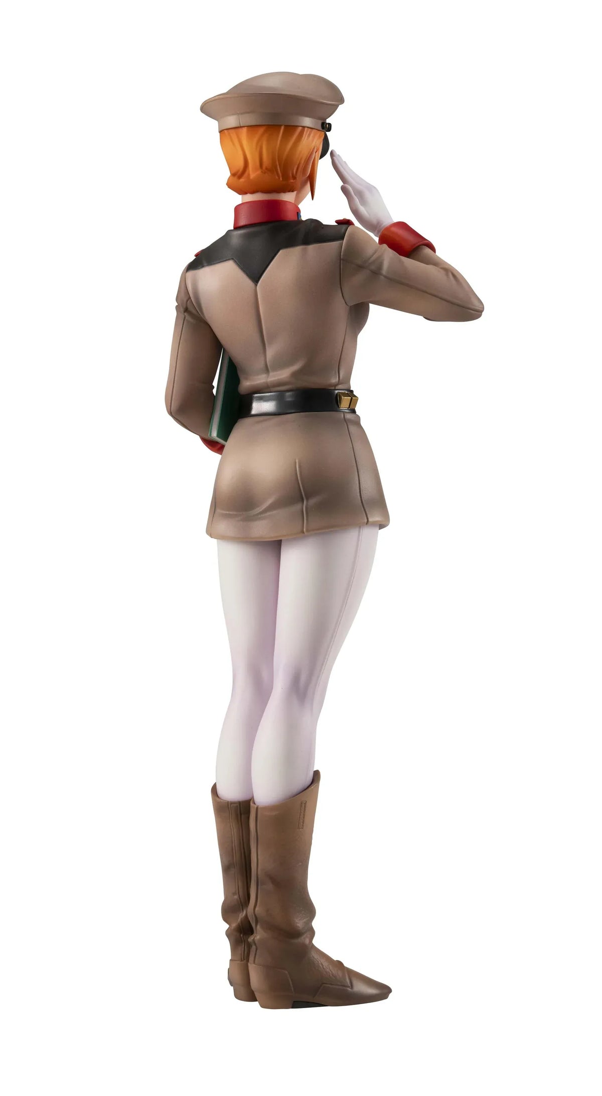Gundam Girls Generation Matilda Ajan figure saluting in a tan military uniform and peaked cap, holding a green folder, with white trousers and brown boots.