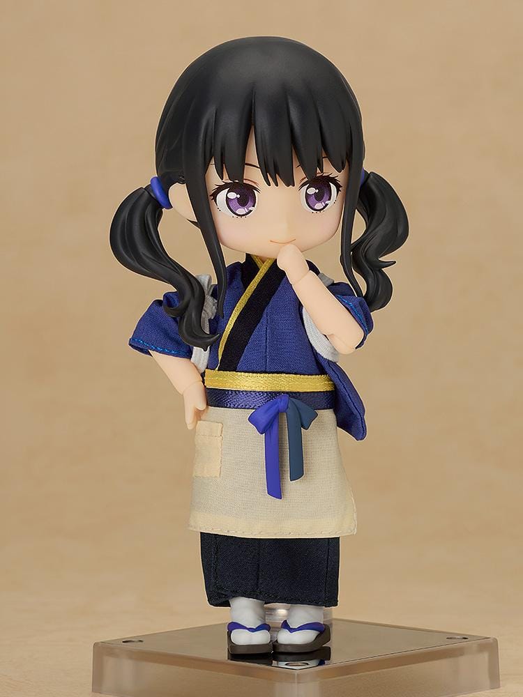 Lycoris Recoil Nendoroid Doll Takina Inoue in Cafe LycoReco uniform with blue kimono-style top and apron standing pose.