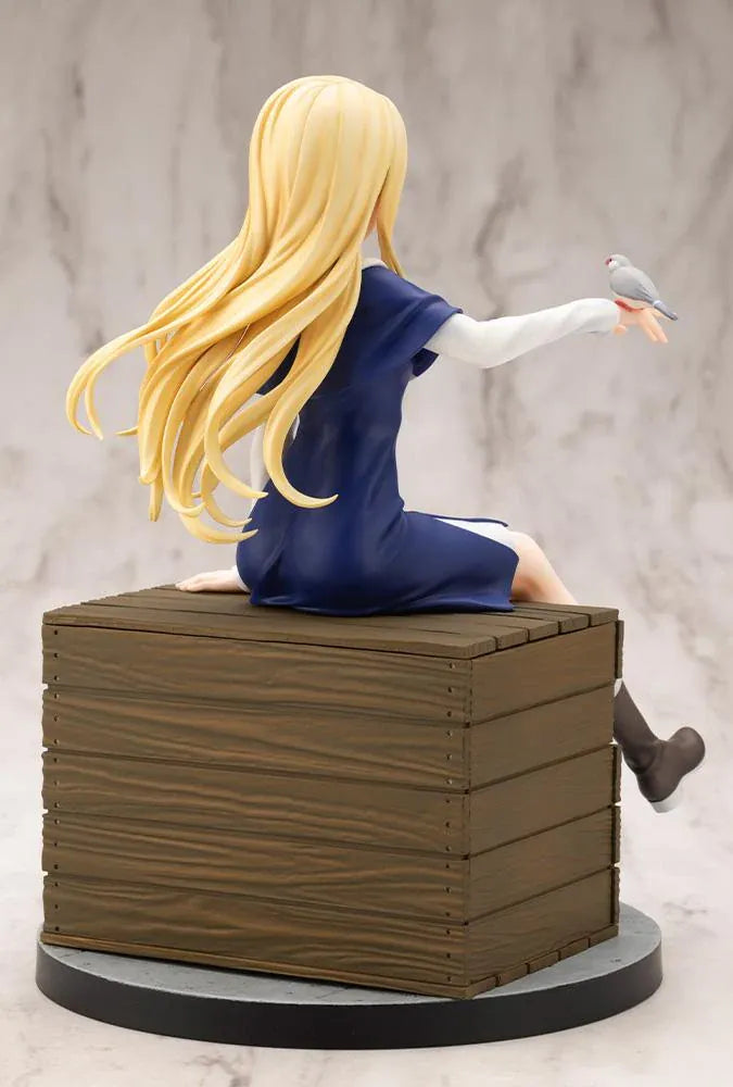 Sasaki and Peeps Elsa 1/7 Scale Figure featuring a blonde-haired anime girl with blue eyes wearing a navy-blue and white outfit, sitting on a wooden crate with a small bird perched on her hand.