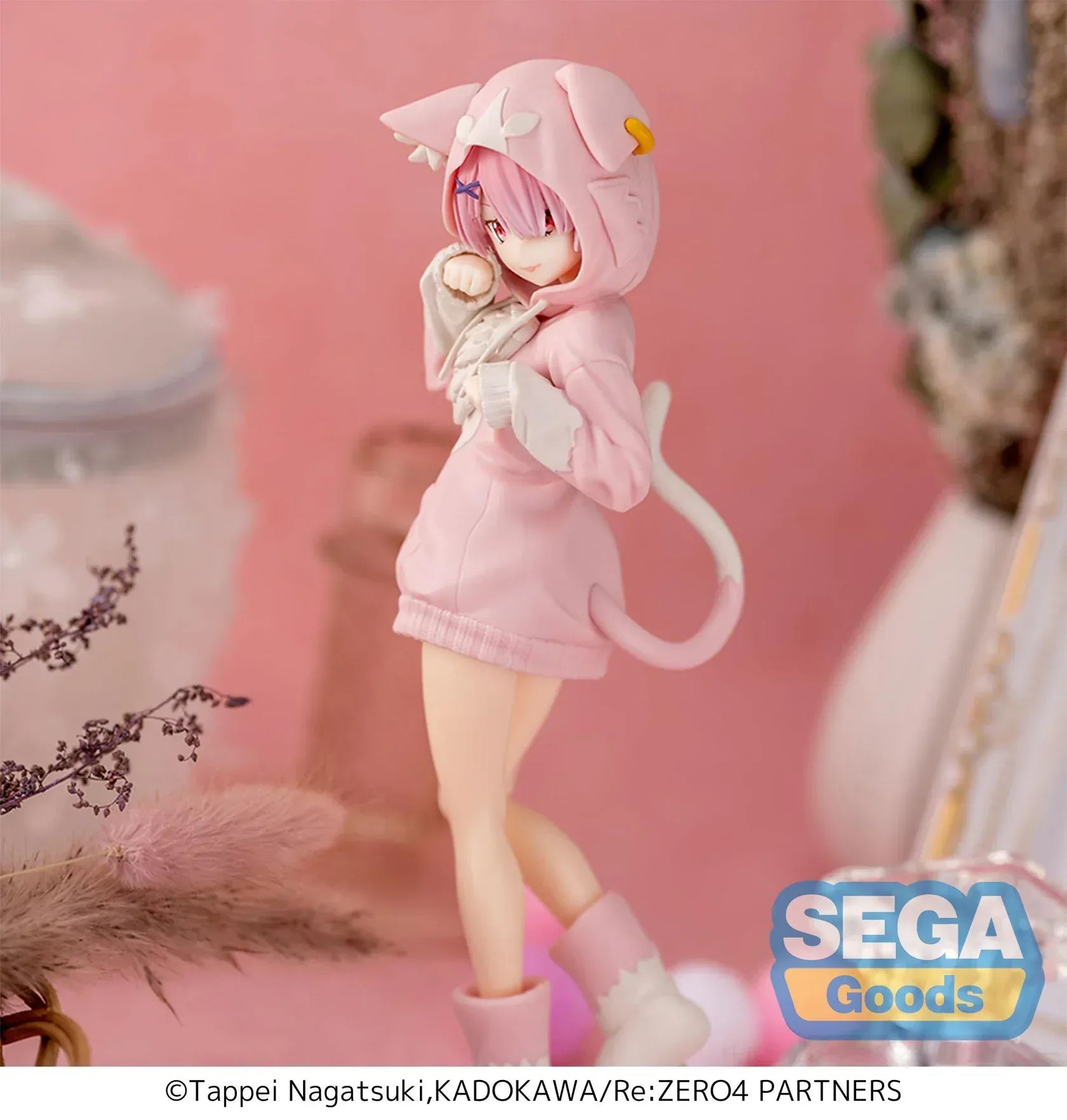 XStellar Re:Zero Ram Mofumofu Pack figure in pink cat-hoodie outfit standing on pink base