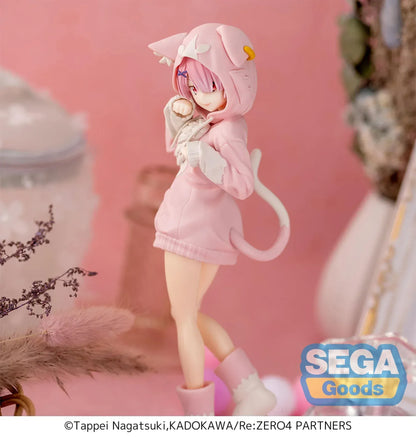 XStellar Re:Zero Ram Mofumofu Pack figure in pink cat-hoodie outfit standing on pink base