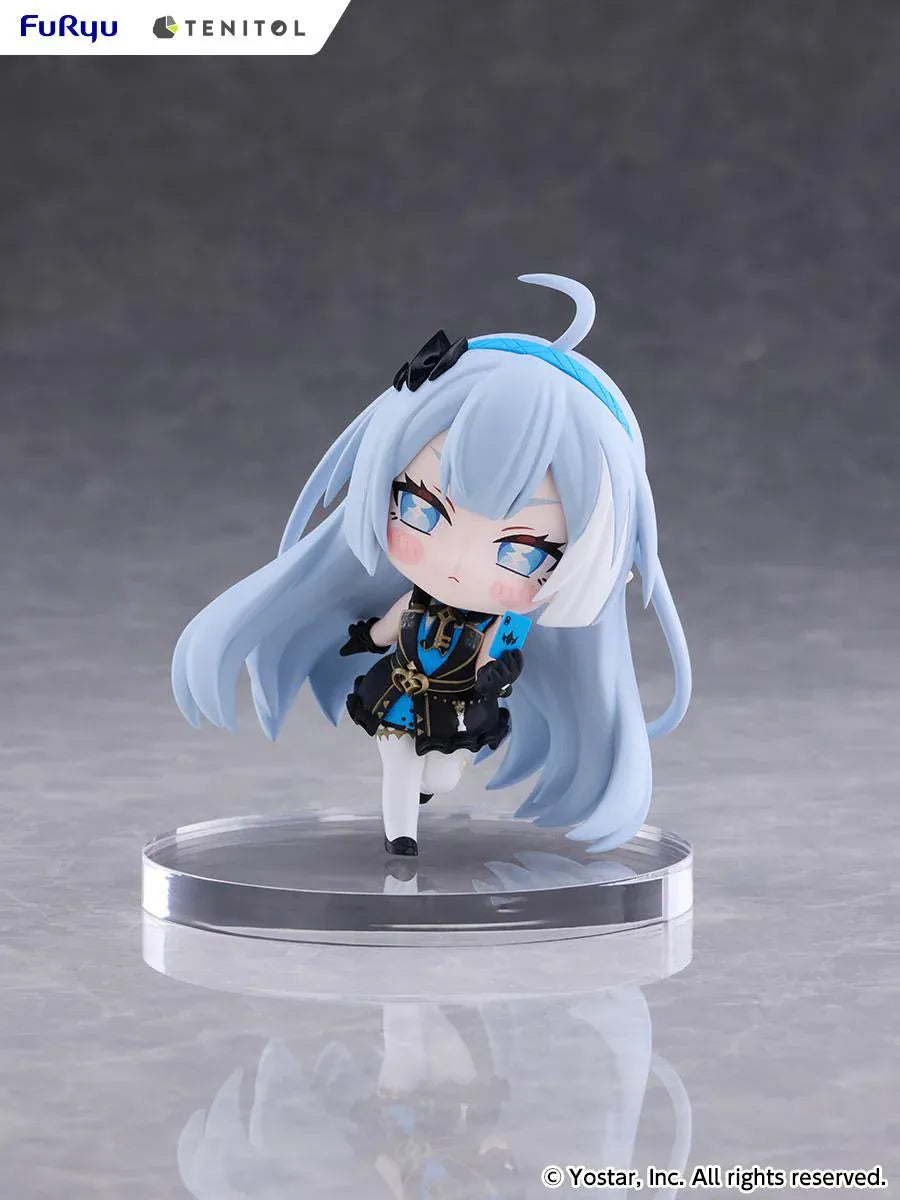 Stella Sora TENITOL Mini Tyrant Figure by FuRyu featuring a light-blue-haired anime girl with blue eyes wearing a black and blue outfit with gold accents, black gloves, and white stockings while holding a small blue device.
