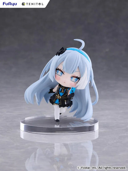 Stella Sora TENITOL Mini Tyrant Figure by FuRyu featuring a light-blue-haired anime girl with blue eyes wearing a black and blue outfit with gold accents, black gloves, and white stockings while holding a small blue device.