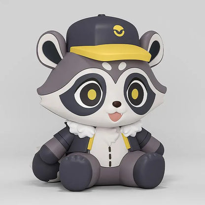 Honkai Star Rail Baseball Raccoon Huggy Good Smile figure wearing a black-and-yellow baseball cap in a seated pose.