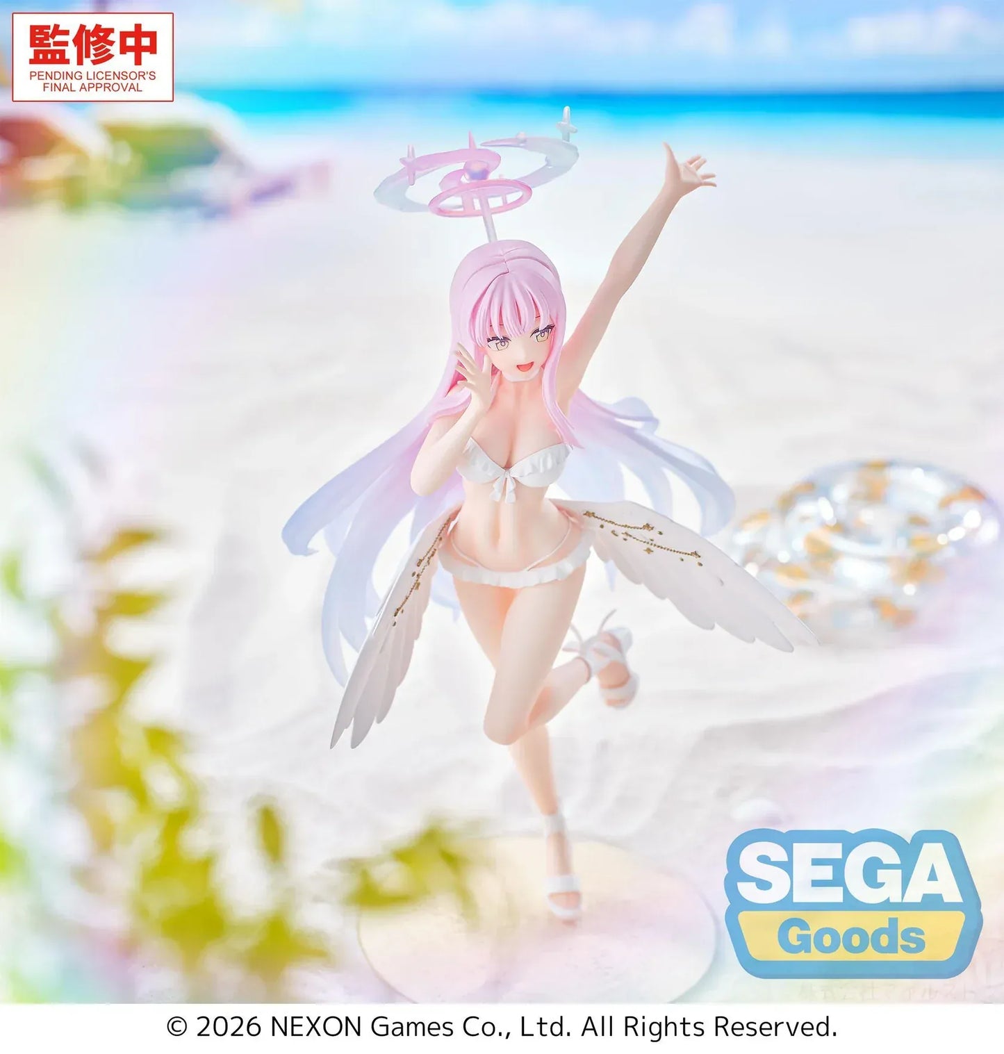 Mika swimsuit figure from Blue Archive with wings halo and pink hair standing on base