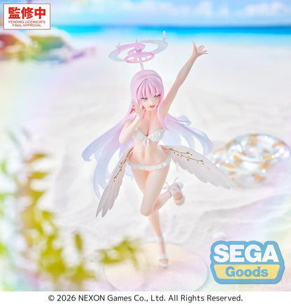 Mika swimsuit figure from Blue Archive with wings halo and pink hair standing on base