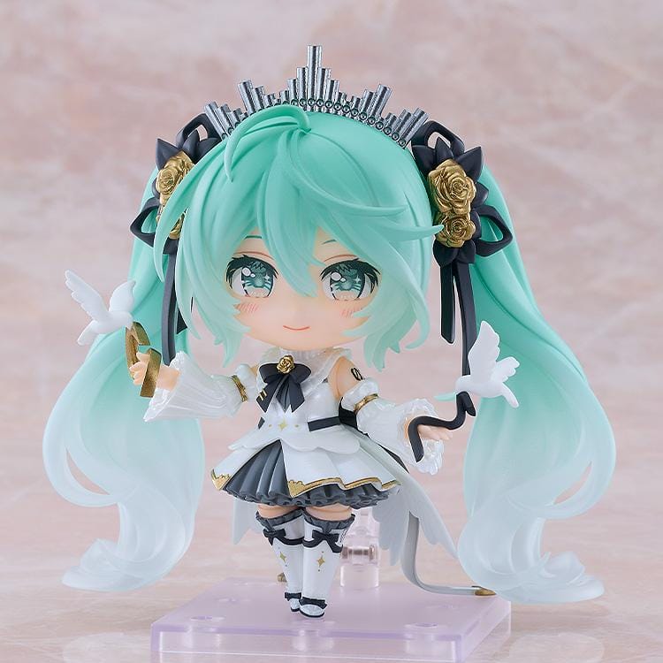 Hatsune Miku Nendoroid Hatsune Miku Symphony 10th Anniversary Ver. Figure featuring Miku with teal twin tails, white and black concert outfit, gold rose accents, and symphony-inspired details.