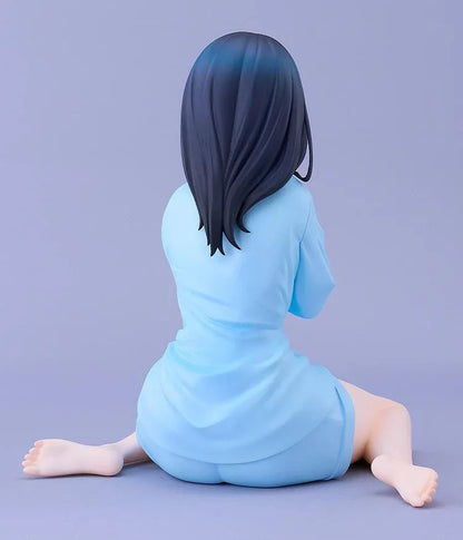 GRIDMAN UNIVERSE Rikka Takarada Pajamas Ver. figure seated in light blue pajamas, with dark hair, blue eyes, and an orange wrist scrunchie.