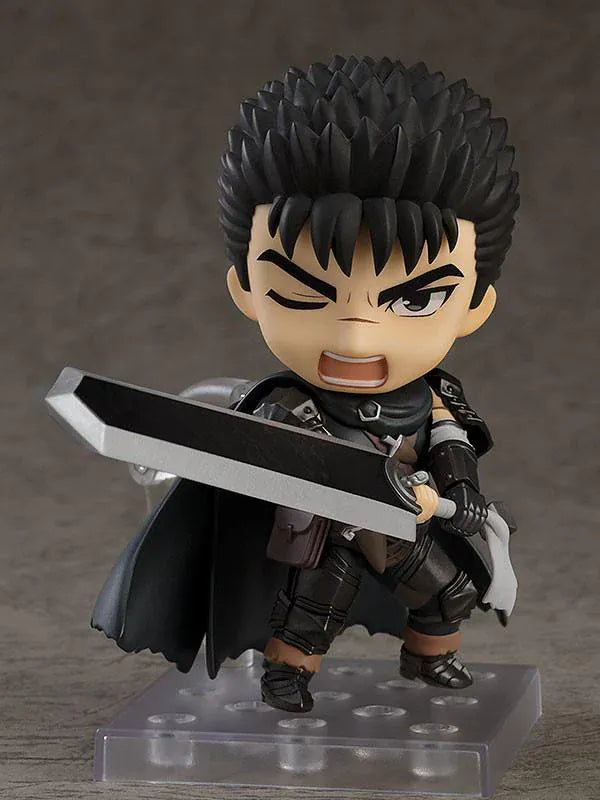 Berserk Nendoroid Guts Figure Rerelease featuring Guts with spiked black hair, armor, black cape, serious expression, and Dragon Slayer sword.