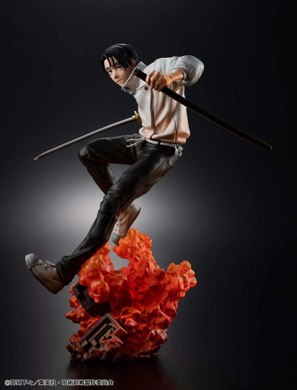 Jujutsu Kaisen Yuta Okkotsu The Culling Game figure in an airborne sword pose, wearing a white jacket and black trousers above an orange effect base.