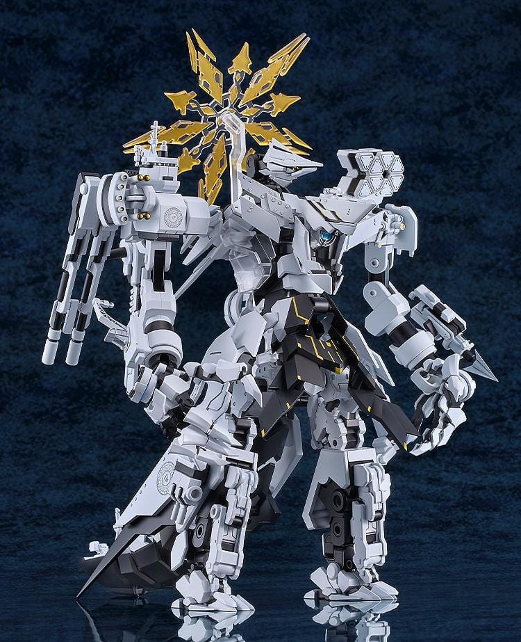 Blue Archive MODEROID Daath Model Kit featuring a white and black armored mecha design with gold effect parts and detailed mechanical styling
