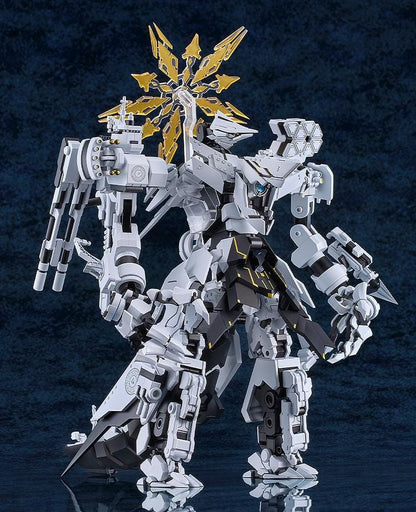 Blue Archive MODEROID Daath Model Kit featuring a white and black armored mecha design with gold effect parts and detailed mechanical styling