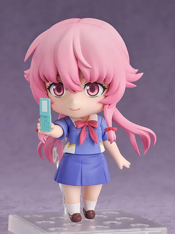 The Future Diary Nendoroid Yuno Gasai Figure rerelease featuring pink hair, school uniform, and chibi design with character accessories