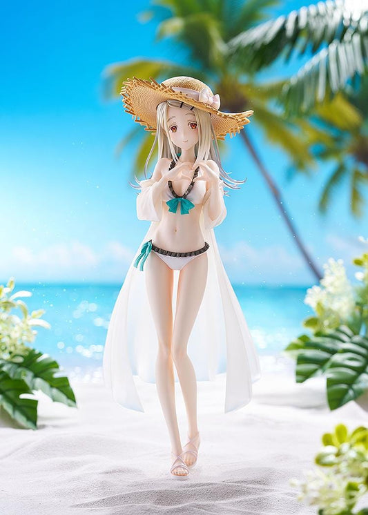 The Idolmaster Gakuen Hiro Shinosawa Swimsuit Ver 1/7 scale figure with straw hat, white swimsuit, and translucent beach cover-up on sand-style base