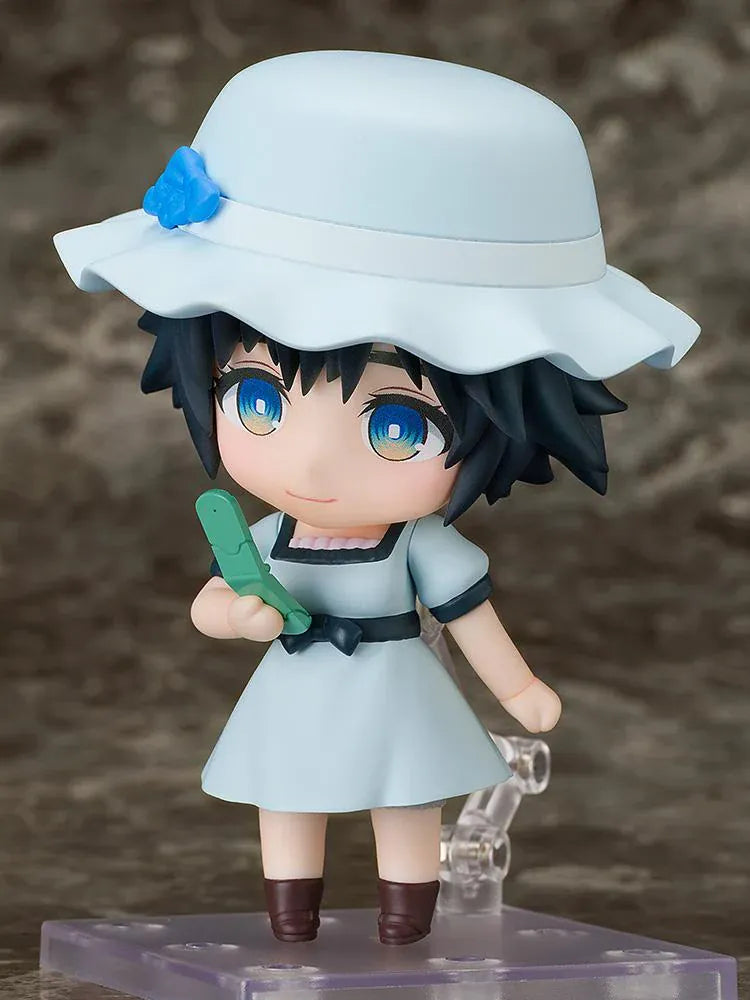 STEINS;GATE Nendoroid Mayuri Shiina 2.0 with short dark hair, blue eyes, a pale blue hat and dress, and brown boots.