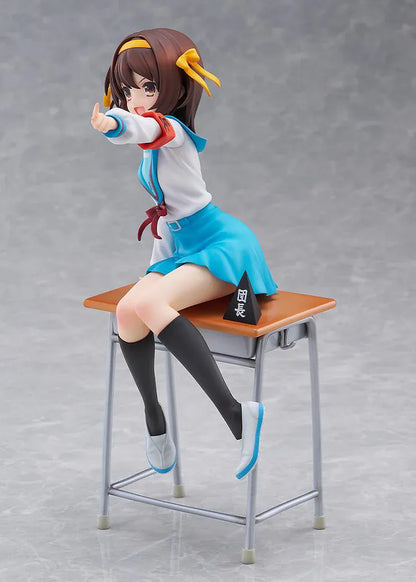 Haruhi Suzumiya 20th Anniversary 1/7 scale figure sitting on desk in school uniform