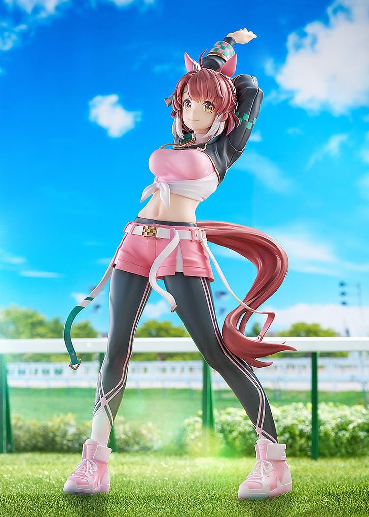 Uma Musume Pretty Derby Dantsu Flame 1/7 scale figure in pink athletic outfit with dynamic stretching pose and themed base