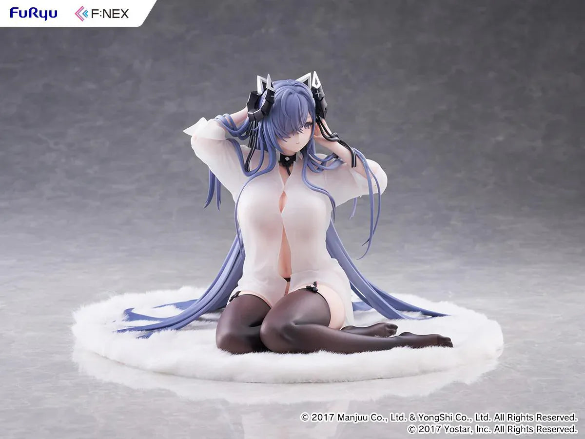 Azur Lane August von Parseval The Unhulde's Midday Respite 1/6 Scale Figure seated in white shirt with long blue hair and dark thigh-high stockings