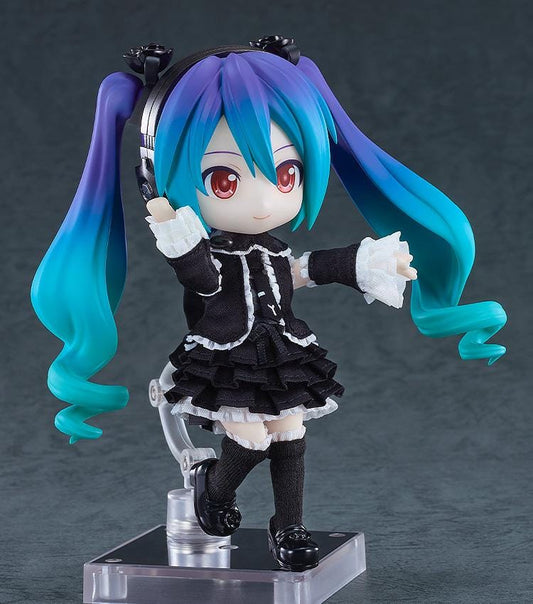 Hatsune Miku Nendoroid Doll Hatsune Miku Infinity Ver. with teal twin-tails, black-and-white frilled outfit, red eyes, and display stand