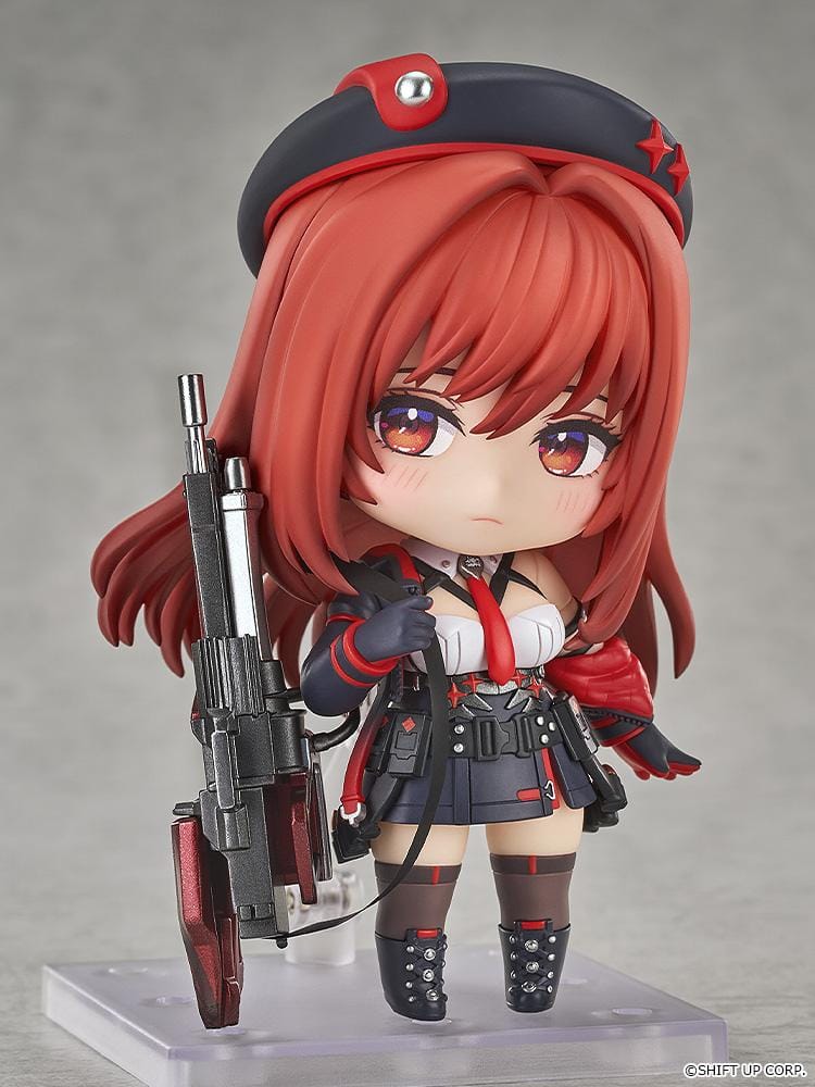 GODDESS OF VICTORY NIKKE Nendoroid Rapi Red Hood Figure with red hair, black-and-red tactical outfit, cap, and large weapon accessory