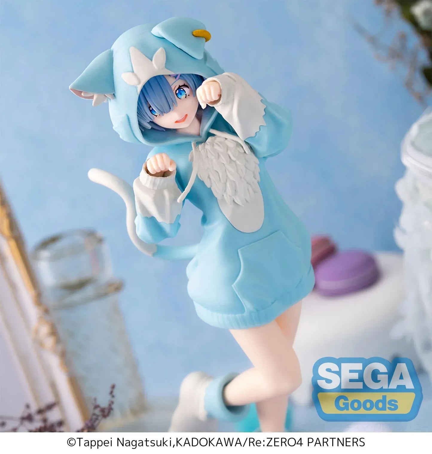Re:Zero Rem Mofumofu Pack figure wearing blue cat-hoodie dress and posing with raised paws