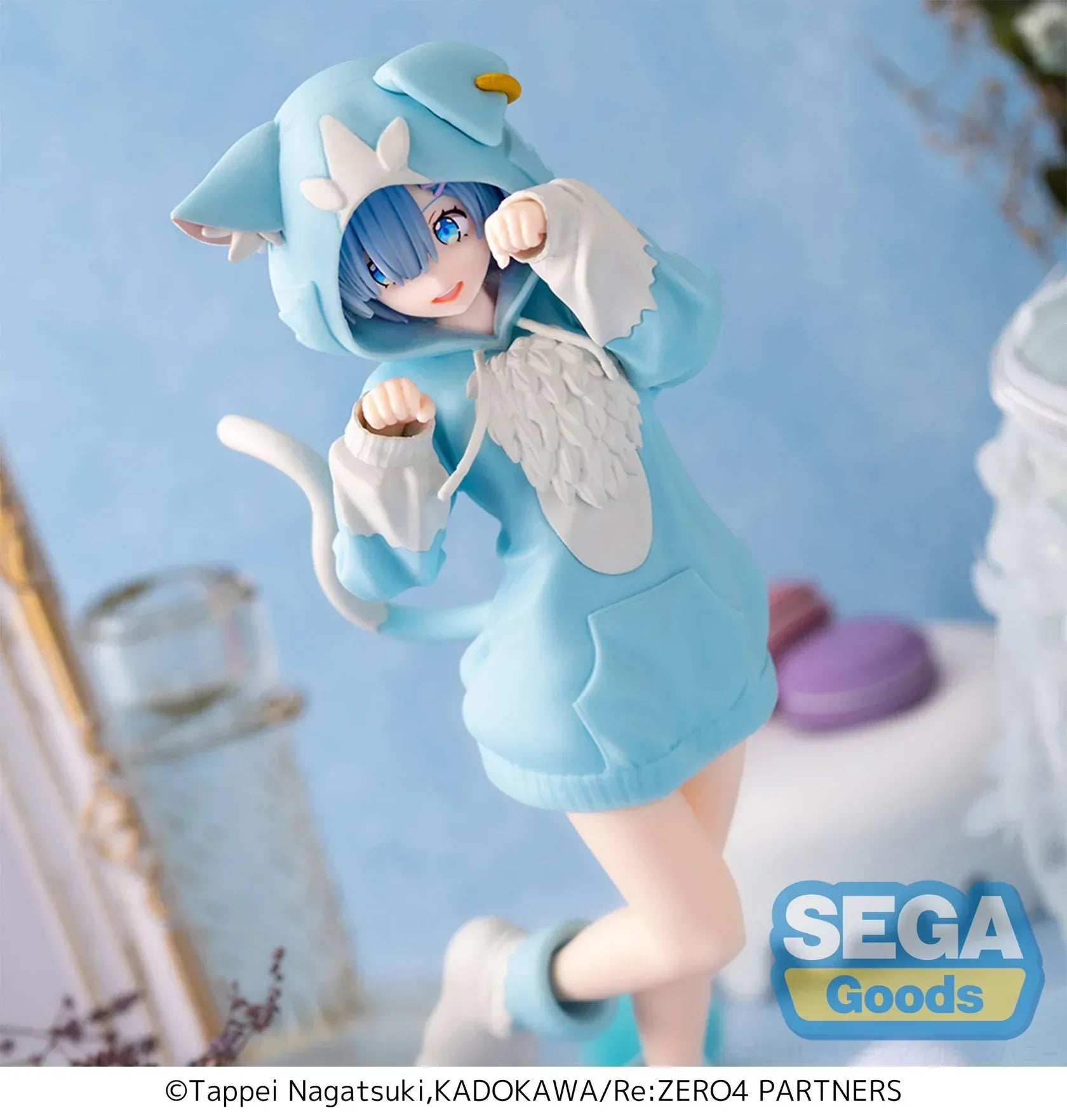 Re:Zero Rem Mofumofu Pack figure wearing blue cat-hoodie dress and posing with raised paws