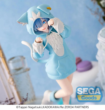 Re:Zero Rem Mofumofu Pack figure wearing blue cat-hoodie dress and posing with raised paws