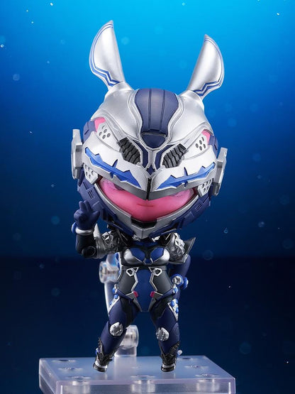 The First Descendant Nendoroid Bunny Figure with blue and silver futuristic armor, bunny helmet, pink visor, and chibi design