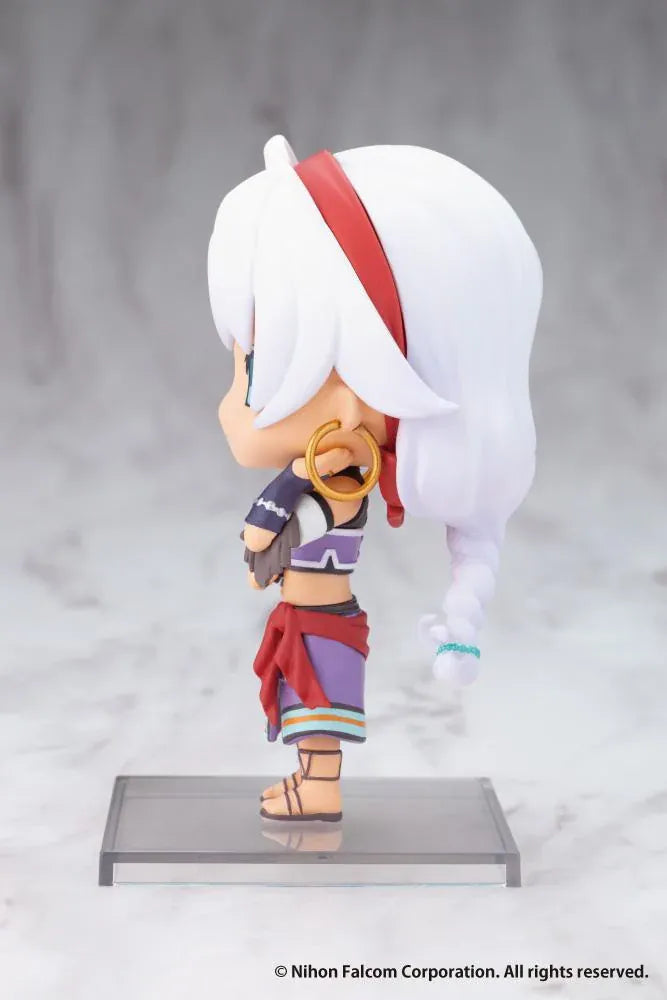 Trails in the Sky Oshi Works Mini Scherazard Harvey figure with white hair, turquoise eyes, gold-colored hoop earrings, purple outfit, and red sash.