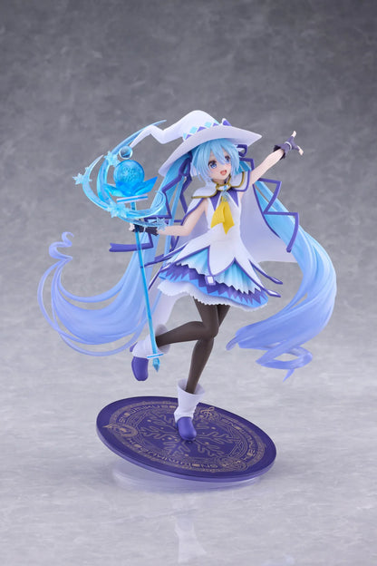 Snow Miku All Stars 2014 Ver. AMP+ figure wearing a white-and-blue snow sorceress outfit and holding a translucent magical staff.