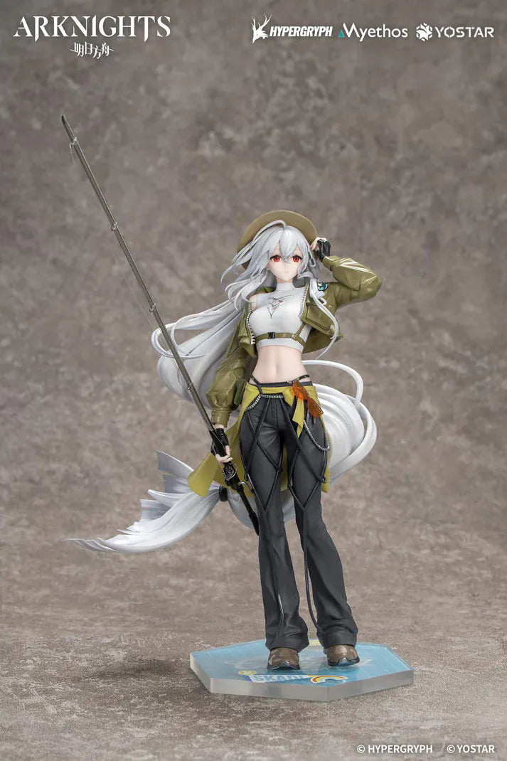 Arknights Gift+ Skadi Wildlight Wander Ver. 1/8 Scale Figure featuring Skadi with long white hair, fishing rod accessory, outdoor outfit, hat, and themed display base.
