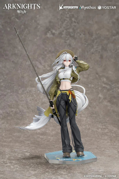 Arknights Gift+ Skadi Wildlight Wander Ver. 1/8 Scale Figure featuring Skadi with long white hair, fishing rod accessory, outdoor outfit, hat, and themed display base.