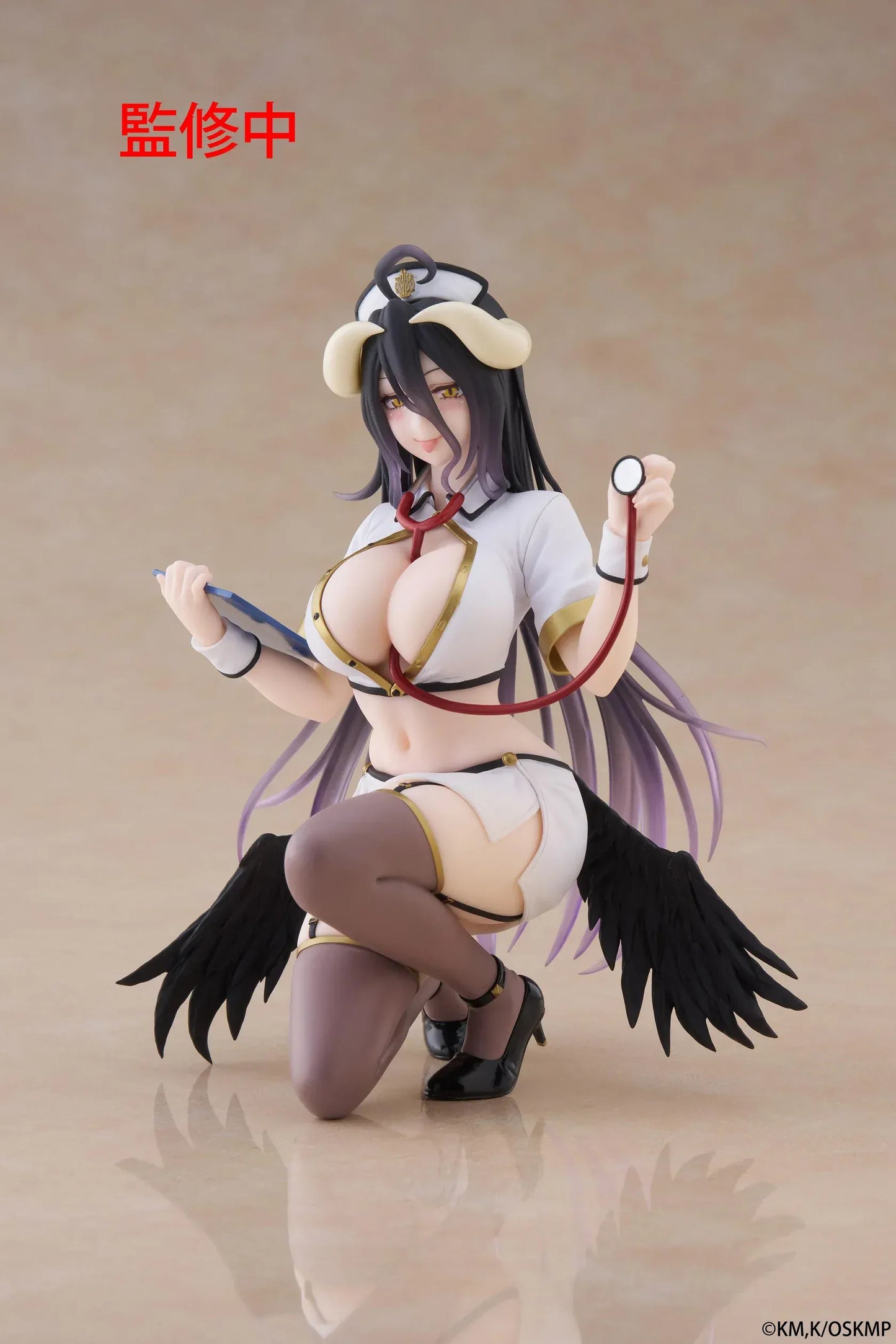 Overlord Desktop Cute Albedo (Nurse Ver.) Figure featuring Albedo in a white nurse outfit with wings, stethoscope, and elegant smile.