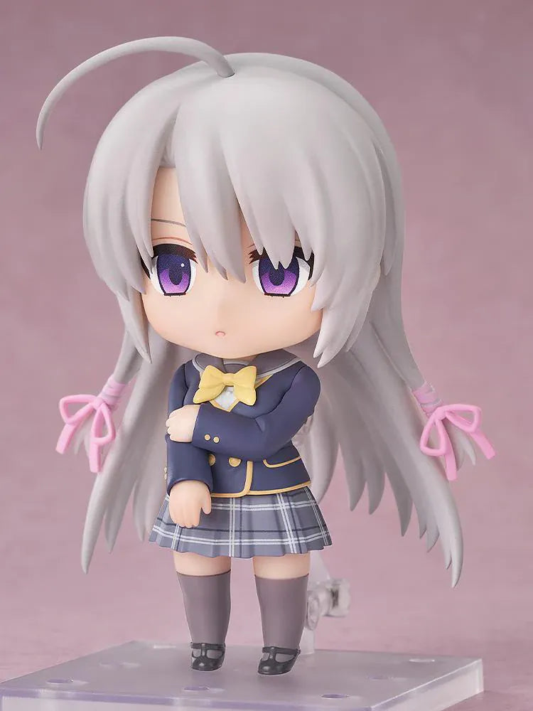 Sabbat of the Witch Nendoroid Nene Ayachi Figure featuring Nene in a chibi-style design with long silver hair, purple eyes, school uniform, yellow bow, and pink ribbon hair ties.