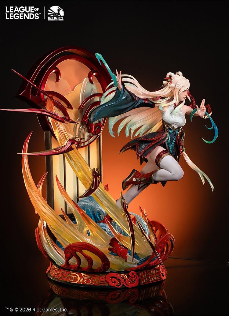 Infinity Studio League of Legends Mythmaker Irelia 1/4 scale figure surrounded by floating red blades, translucent waves, and an ornate base.