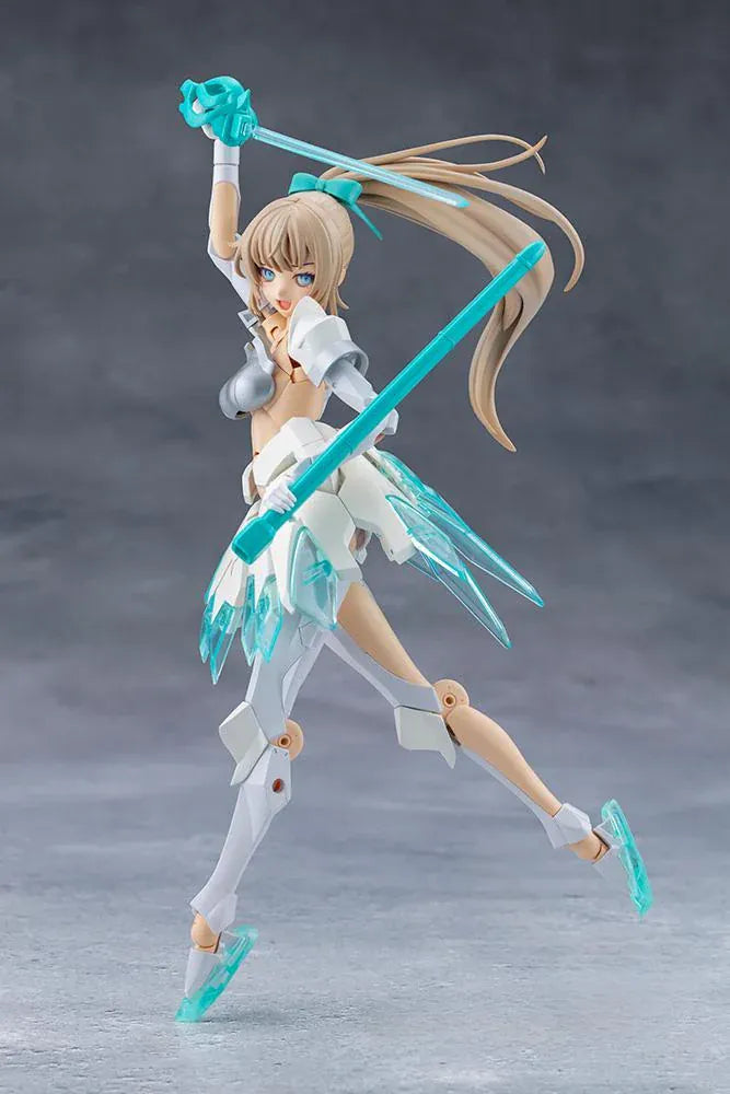 Megalomaria Unlimited Universe Emulator model kit wearing white armor with translucent teal parts and wielding teal weapons.