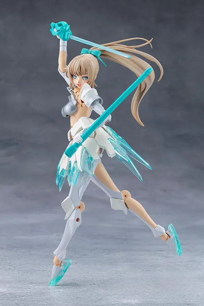 Megalomaria Unlimited Universe Emulator model kit wearing white armor with translucent teal parts and wielding teal weapons.