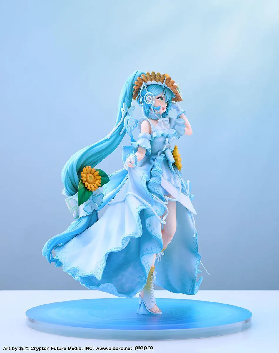 Vocaloid Hatsune Miku Magical Mirai 2026 Ver. 1/7 scale figure wearing a flowing blue dress decorated with sunflowers and elegant ribbons