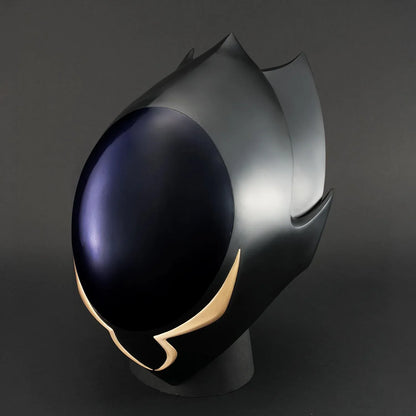 Code Geass Full Scale Works Zero’s Mask 1/1 scale replica with a glossy dark faceplate, gold accents, and an angular outer shell with tall fins.
