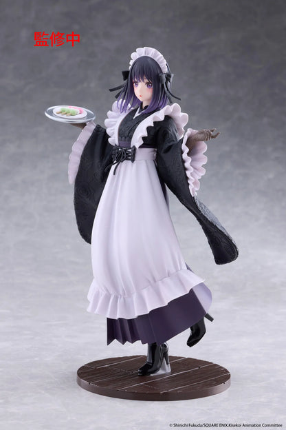 My Dress-Up Darling AMP+ Marin Kitagawa Shizuku Kuroe at the School Festival Ver. Figure featuring dark purple hair, violet eyes, a black and white maid outfit with long kimono-style sleeves, a white apron, and a serving tray of colorful sweets on a wooden display base.