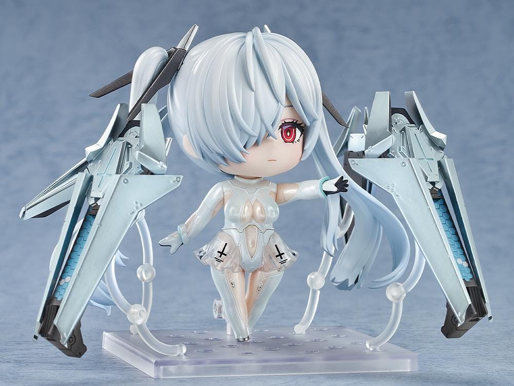 NIKKE Nendoroid Cinderella chibi figure with white twin tails and mechanical weapon arms