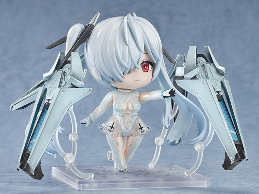 NIKKE Nendoroid Cinderella chibi figure with white twin tails and mechanical weapon arms