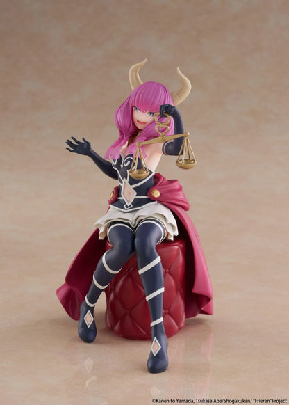 Desktop Cute Aura figure seated on a burgundy tufted stool, with purple hair, curved horns, a dark outfit, and golden balance scales held aloft.