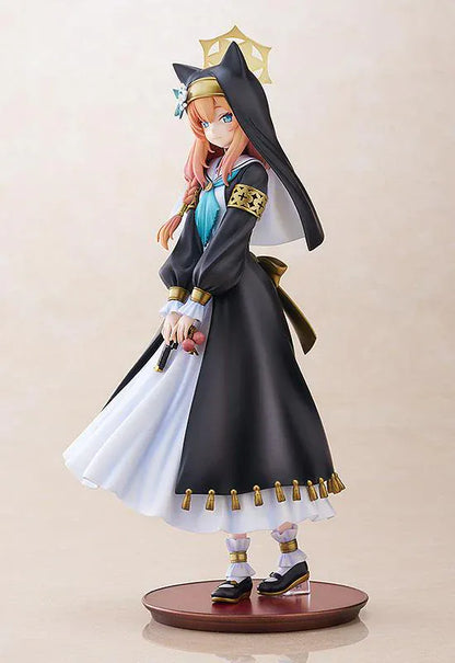 Blue Archive Mari 1/7 scale figure rerelease wearing a black-and-white nun-inspired dress with gold accents and peach-colored hair