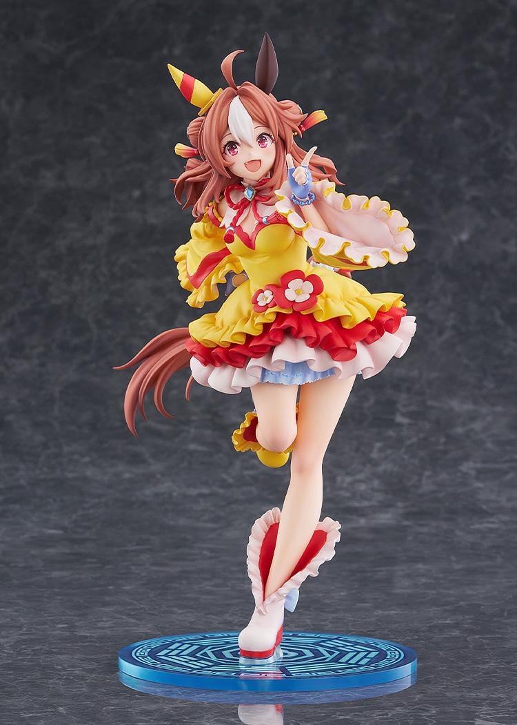 Umamusume Pretty Derby Copano Rickey Signature Racewear Ver. 1/7 Scale Figure featuring Copano Rickey in a yellow and red racewear outfit with horse ears, tail, and themed display base.
