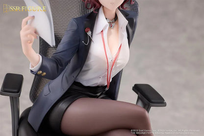 Madoka Higuchi Effortless Work Ver. figure seated in an office chair, wearing a navy blazer and holding papers above a clear circular base.